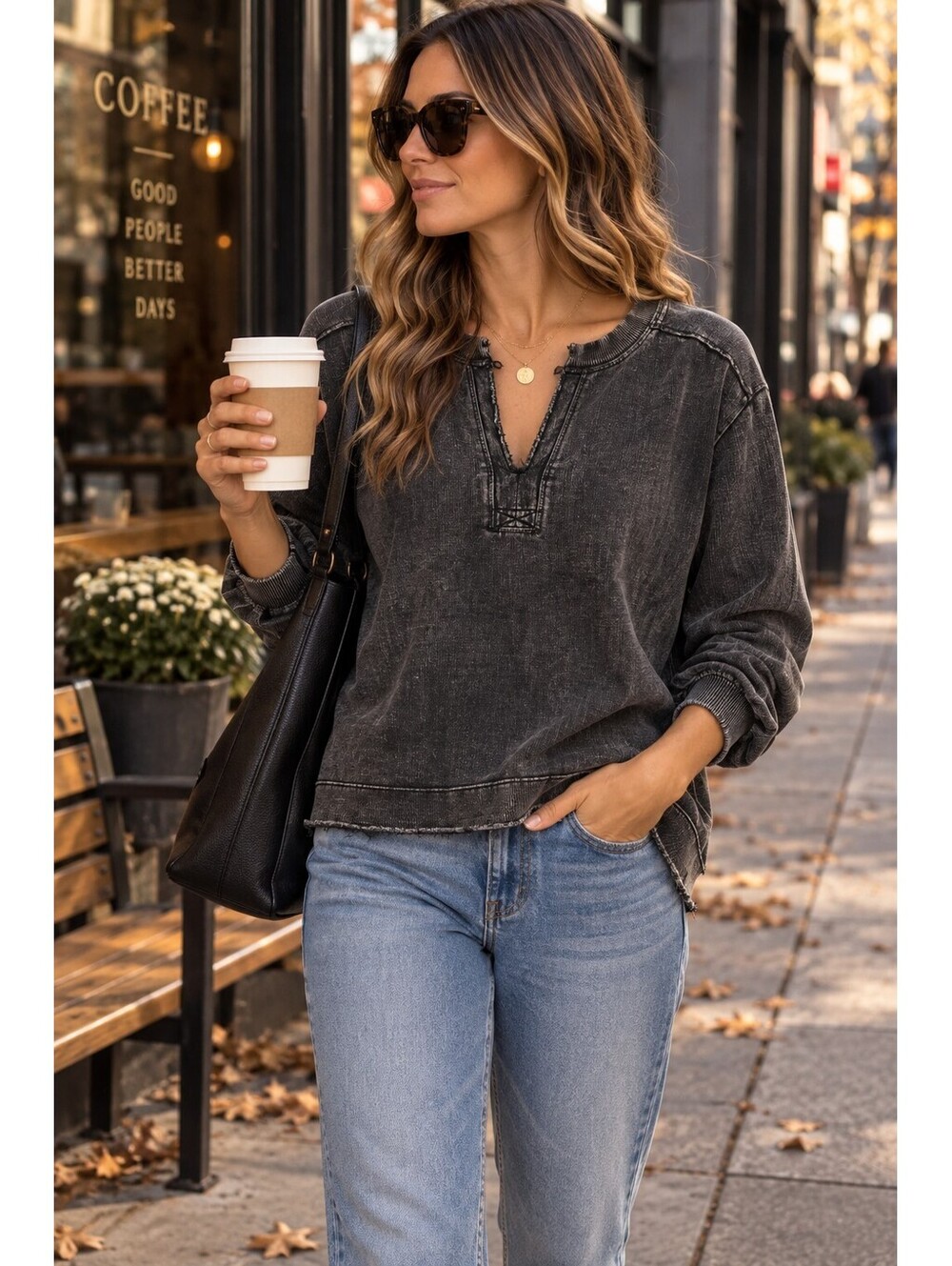 Pilcro Anthropologie Distressed Black Cotton Henley Sweatshirt Top Size S